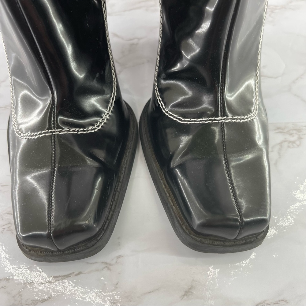 Zara Topstitched Black Patent Leather Western Boots Heeled Square Toe Slip On 5 - Picture 3 of 8
